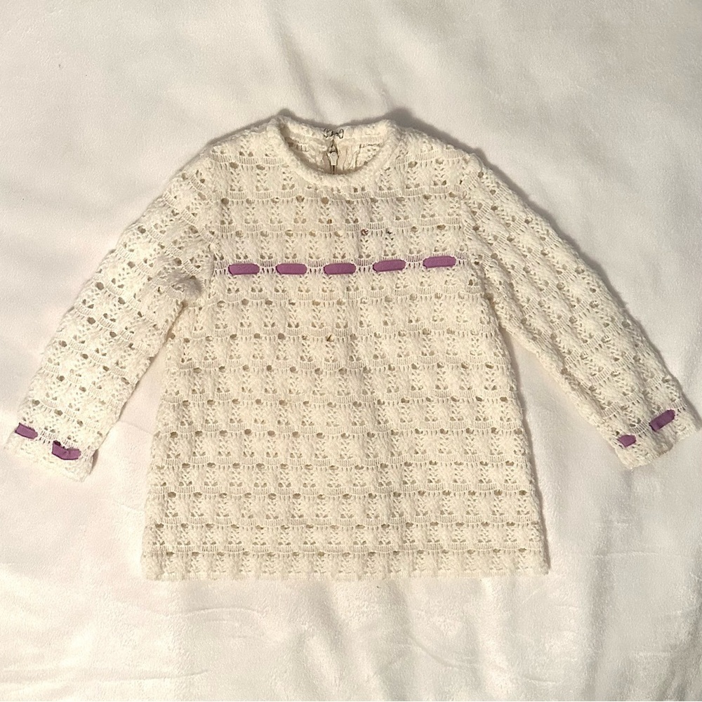 Vintage Youngland Knit Ribbon Detail
Sweater Dress Baby Girl 24M ivory & purple
